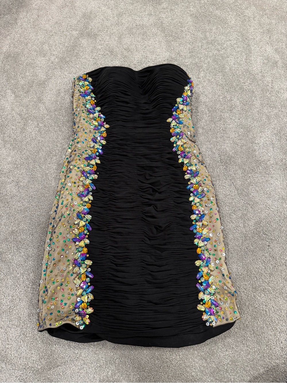 Clarisse Black Strapless Ruched Dress with Multicolor Jewel Panels